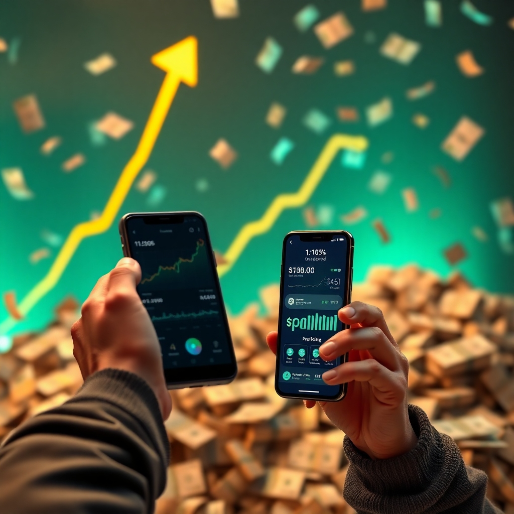 A photorealistic image depicting a graph sharply rising upwards, showing significant financial growth. In the foreground, a person is happily looking at their phone, showing an Intellivid dashboard with impressive profit statistics. The background should be a celebratory, money-themed setting, like a pile of cash with falling dollar bills.