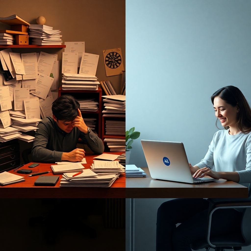 A photorealistic image depicting a comparison: one side shows a cluttered desk with many AI tool subscription invoices and a stressed person; the other side showcases a clean desk with a Nucleus logo and a relaxed, smiling person looking at a laptop, suggesting cost and stress savings.