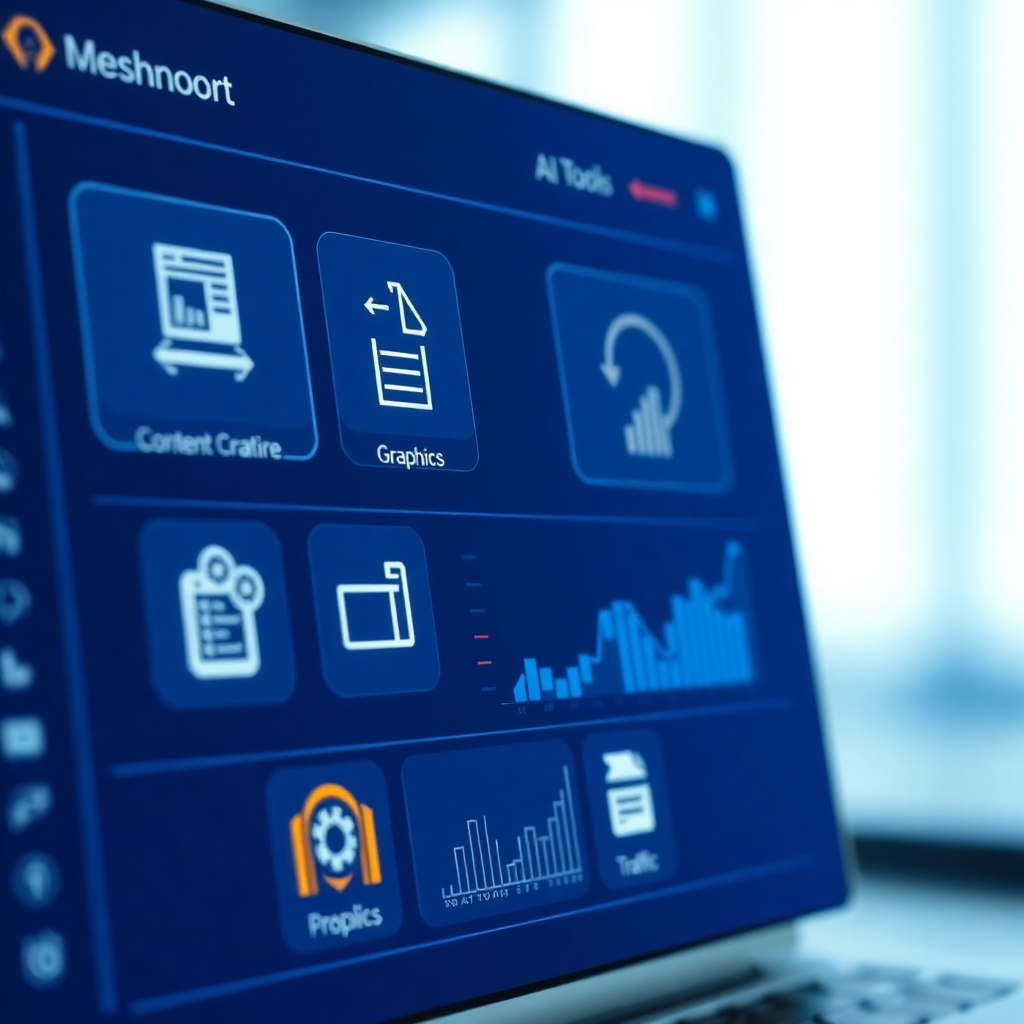 A photorealistic image depicting various AI tools integrated within the MegaMart AI dashboard.  Show icons for content creation, graphics generation, and traffic analytics. The image should focus on the intuitive interface and efficiency of these AI-powered features. The color palette should be clean and modern, emphasizing ease of use.