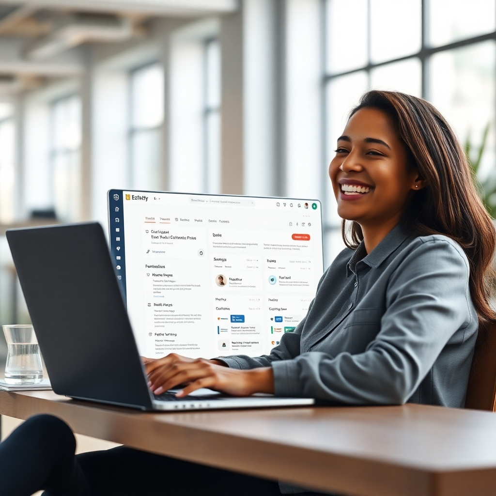 A photorealistic image depicting a person smiling and relaxed, sitting at a laptop with a clean, minimalist interface showing an email marketing dashboard with automated workflows and pre-written email templates. The background should be a bright and airy office space.