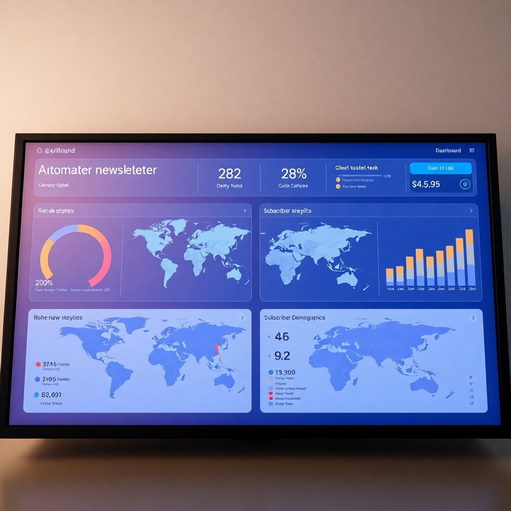 A photorealistic image depicting a dashboard showing automated newsletter delivery statistics, with maps illustrating global reach and subscriber demographics. The overall style should be clean and professional, highlighting data visualization.