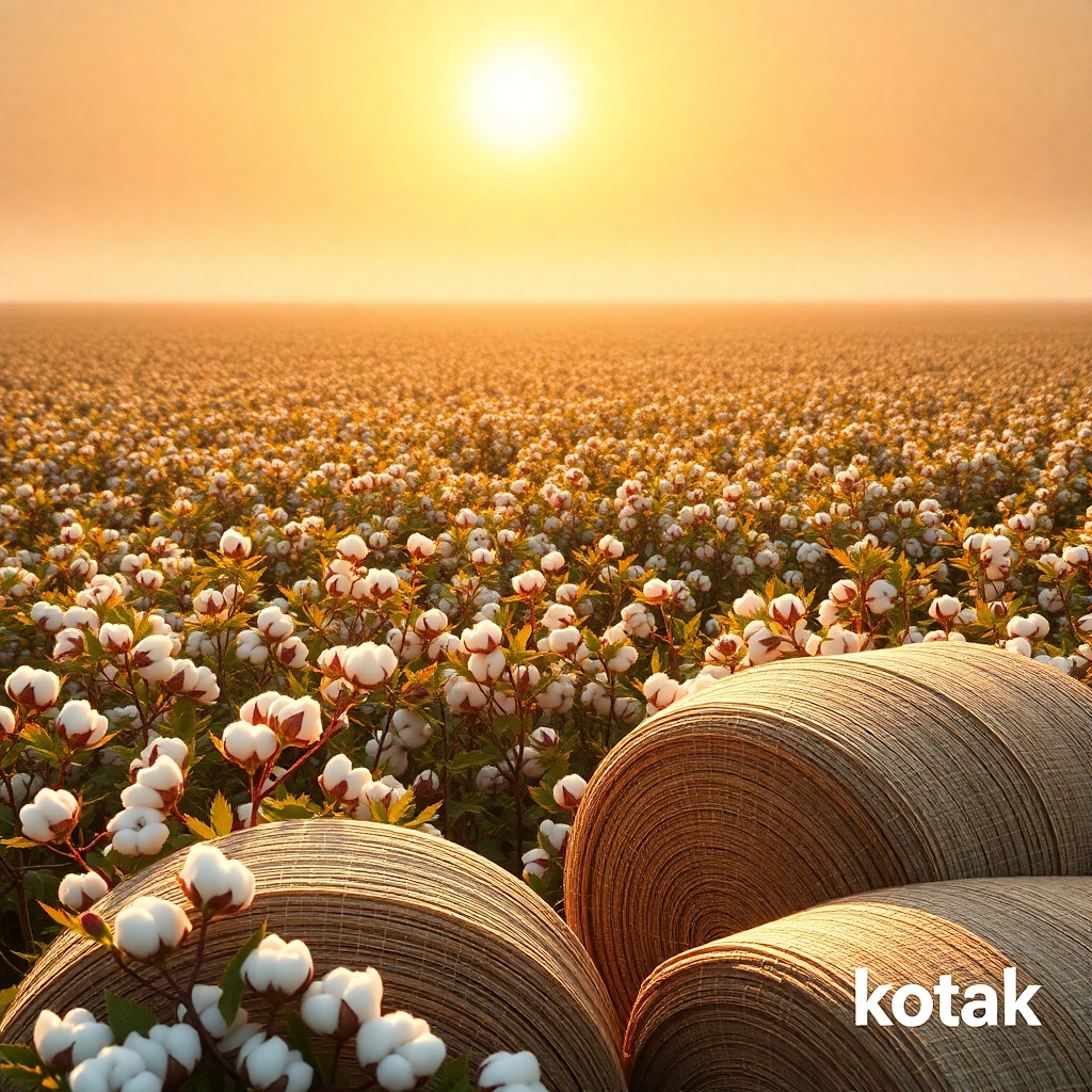 A photorealistic image depicting a vast field of lush, ripe cotton plants under a bright sun, with bales of harvested cotton neatly stacked in the foreground.  Include a subtle watermark of the Kotak logo in the lower right corner. The style should be high-resolution, sharp, and evoke a sense of abundance and quality.  The background should be slightly blurred to focus on the cotton.  The overall lighting should be natural and warm.