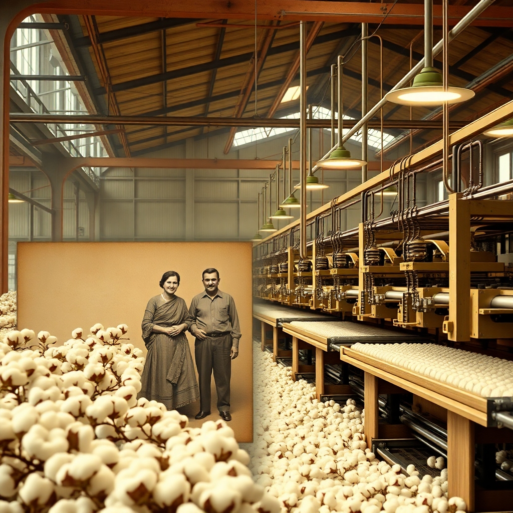 A photorealistic image depicting a vintage photograph of the Kotak family alongside a modern, high-tech cotton ginning facility. The image should seamlessly blend the past and present, showcasing the company's legacy and modern advancements.  The color palette should be warm and inviting, with a focus on the textures of cotton and the machinery. The overall mood should convey a sense of heritage and innovation.