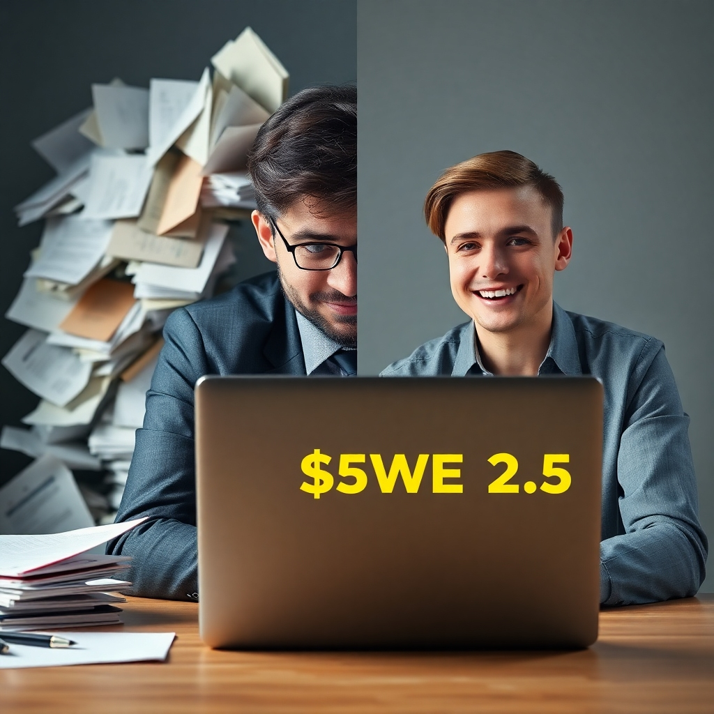 A photorealistic image depicting a split screen. One side shows a stressed person surrounded by overflowing paperwork and a high price tag. The other side shows a relaxed person using a laptop with Artistly's interface, a cheerful expression, and a significantly lower price tag displayed prominently.