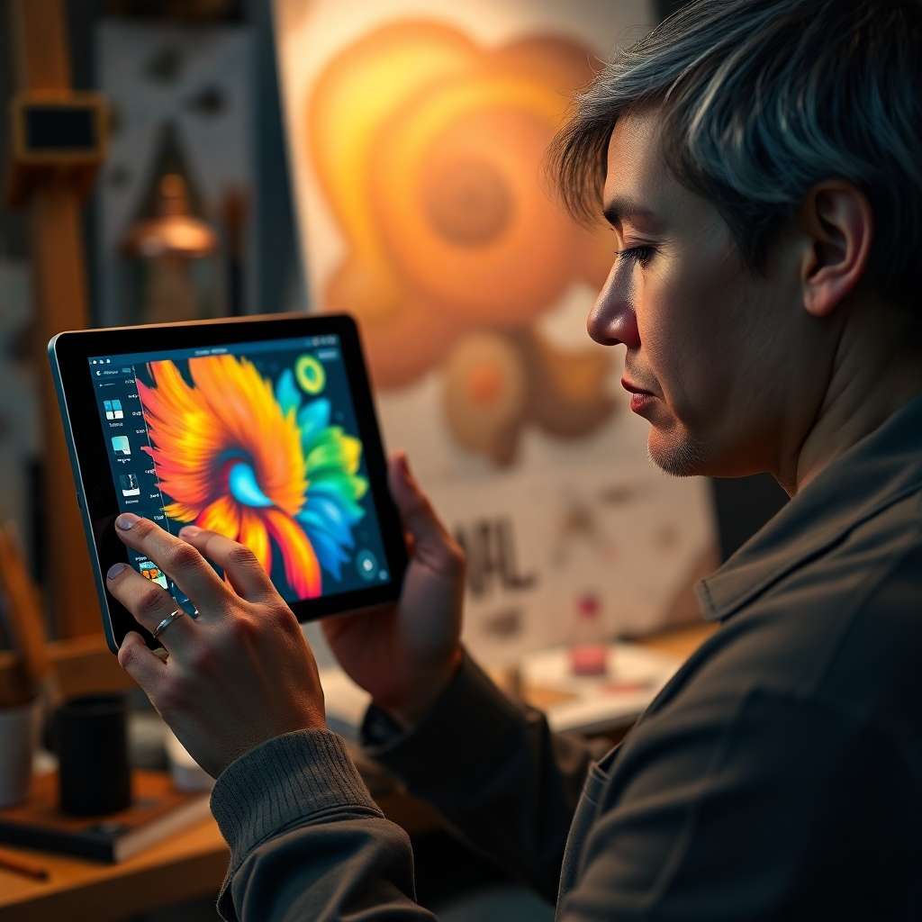 A photorealistic image depicting an artist using an AI art generation tool on a tablet. The screen displays a vibrant and imaginative artwork in progress.  The background should subtly include other digital art tools, showing the integration of AI into the creative process. The image should focus on the artist's inspired expression as they interact with the AI, demonstrating a seamless flow between human creativity and AI assistance. The lighting should be soft and focused on the tablet and the artist's face.