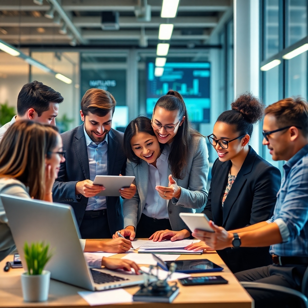 A photorealistic image depicting a diverse group of professionals collaborating in a modern, tech-savvy office setting. Some are using AI-powered tools to analyze data, while others are brainstorming innovative solutions using AI-driven insights.  The background should suggest a dynamic and forward-thinking company focused on technology and innovation. The overall mood should be energetic, collaborative, and optimistic about future career prospects.