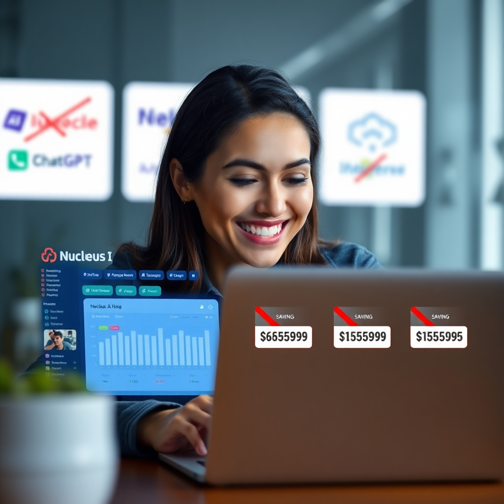  A photorealistic image depicting a person smiling and looking at a laptop screen showcasing the Nucleus AI dashboard. In the background, blurred images of various AI tool logos (ChatGPT, Midjourney, etc.) are displayed, each with a crossed-out price tag signifying savings. The overall mood should be one of satisfaction and relief.