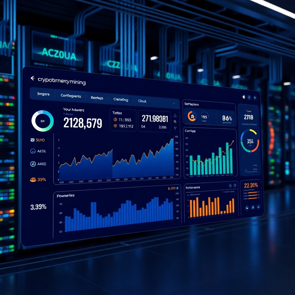 A photorealistic image depicting a clean, modern dashboard interface showing cryptocurrency mining statistics and performance metrics.  The background should subtly feature data streams and server racks, suggesting a powerful yet user-friendly cloud infrastructure. The overall tone is one of ease of use and efficiency.