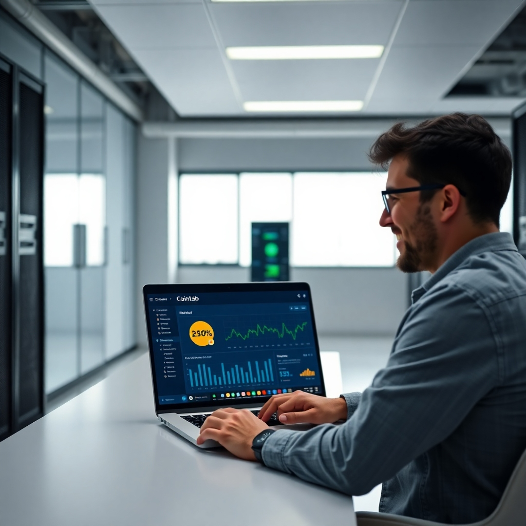 A photorealistic image depicting a clean, modern office space with a person smiling and looking at a laptop displaying a Coinlab dashboard showing cryptocurrency mining data; the background subtly features server racks, symbolizing the underlying infrastructure, but the focus remains on the ease of use.