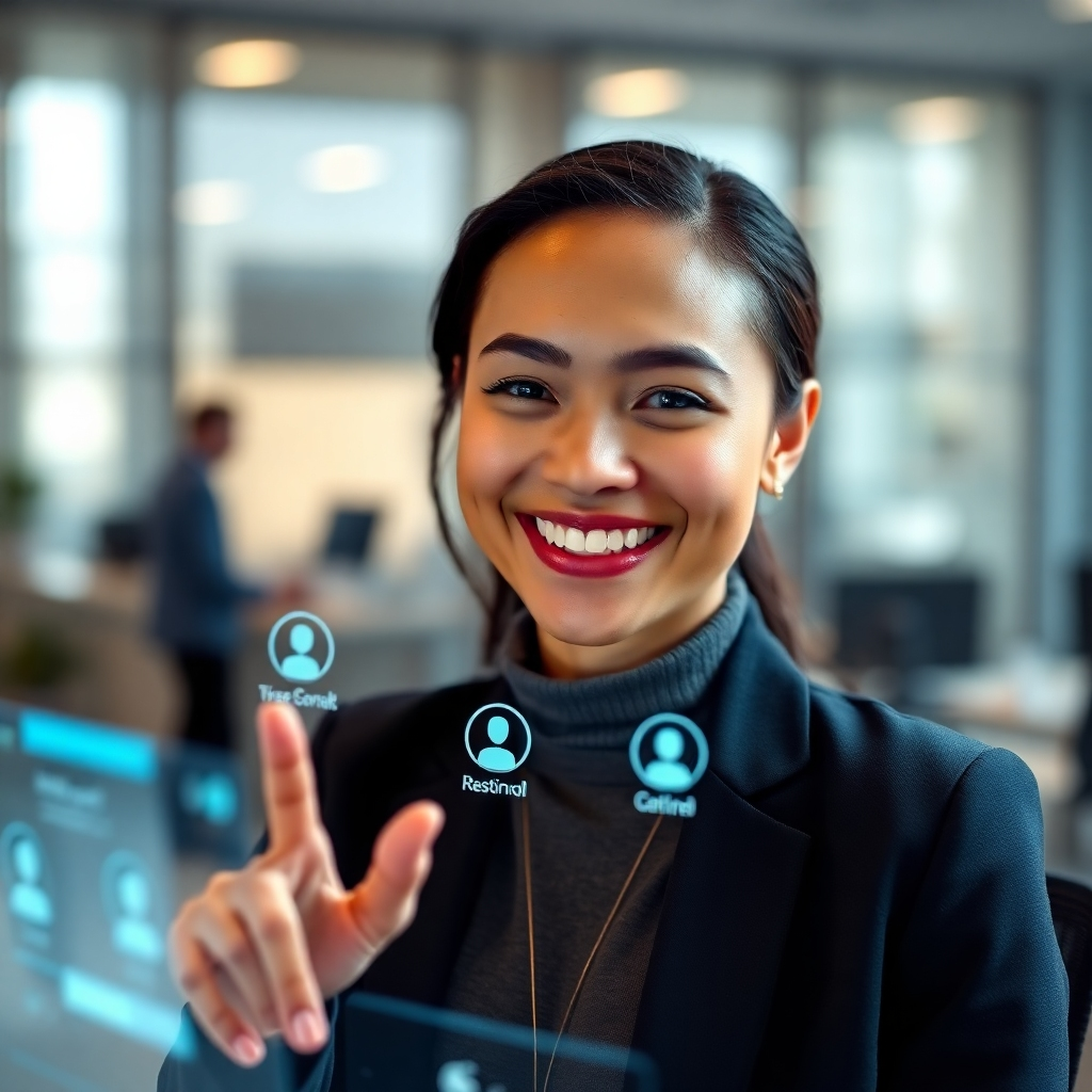 A photorealistic image depicting a person smiling confidently while using a futuristic, sleek AI assistant interface on a holographic screen. The background should show a blurred but modern office setting with subtle hints of technological advancement. The overall mood is optimistic, showing ease of use and enhanced efficiency. The lighting should be bright and natural, with a focus on the person's positive expression.