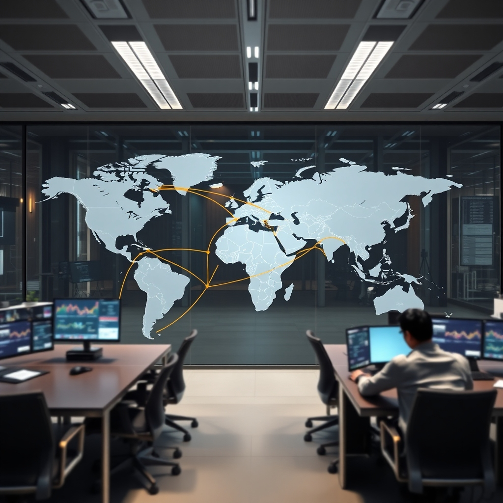 A photorealistic image depicting a world map with highlighted trade routes connecting India (Mumbai) to major textile hubs across the globe.  The map should be subtly incorporated into a modern, sleek office setting, showcasing computers displaying global market data and individuals collaborating on international trade deals. The lighting should be bright and professional, emphasizing a dynamic global network.