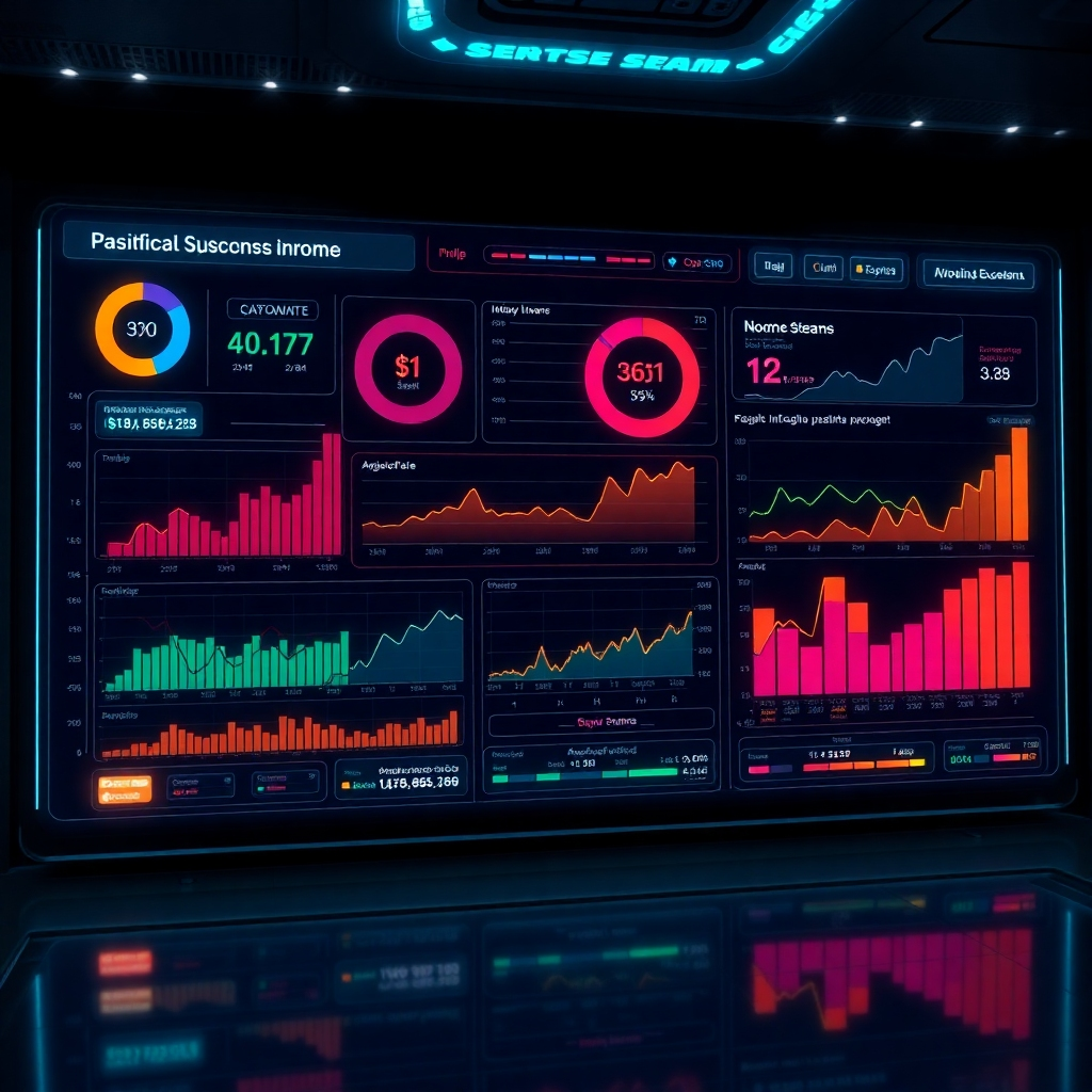 A photorealistic image depicting a futuristic dashboard displaying various income streams, graphs showing exponential growth, and automated processes running seamlessly. The color scheme should be sleek and modern, with vibrant accents representing income streams. The overall mood should project success and passive income.