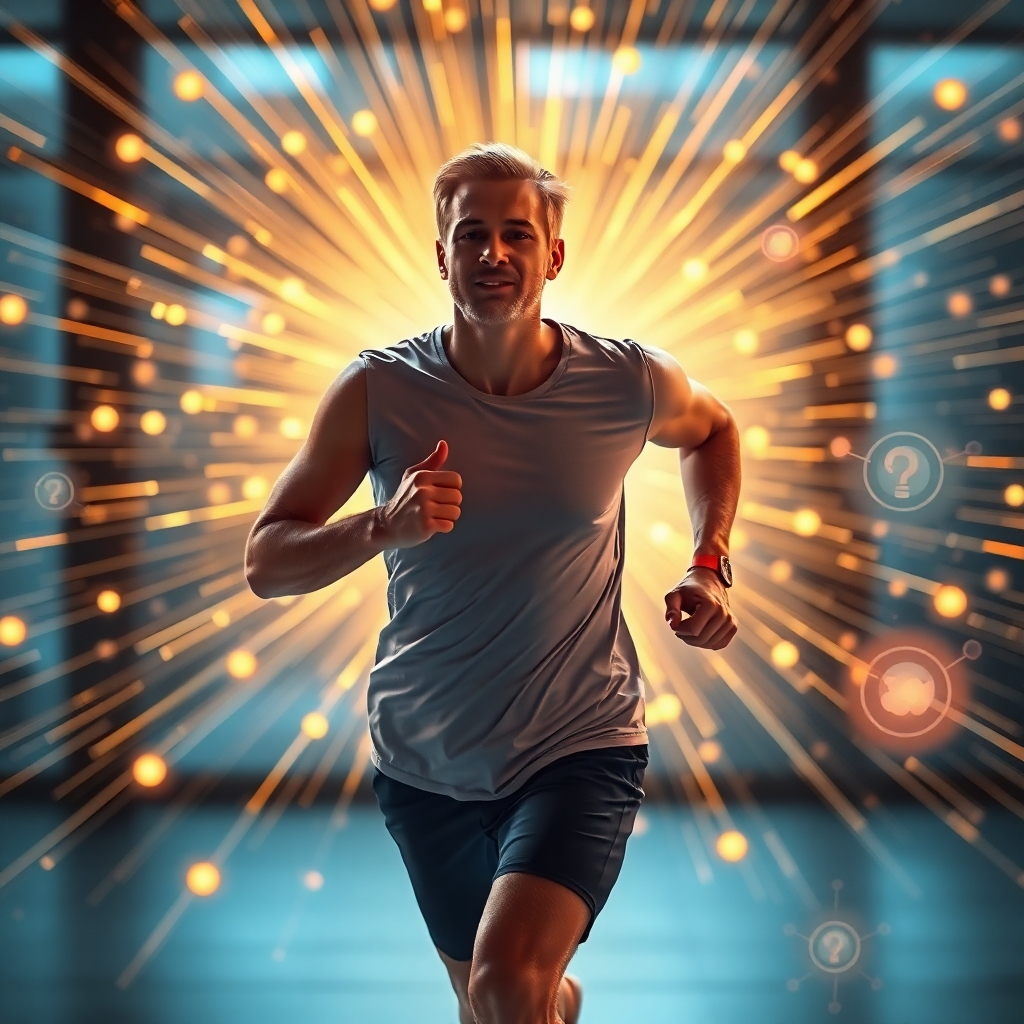 A photorealistic image depicting a person with visibly increased energy, engaging in an energetic activity like jogging or yoga.  The background shows radiating energy lines, and small graphics illustrating speeding-up metabolic processes.  The overall image should convey vitality and increased metabolic activity.