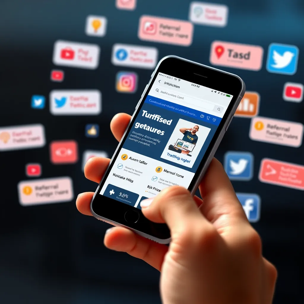 A photorealistic image depicting a hand holding a smartphone displaying a website with a graphic illustrating the plugin's features, such as automated traffic generation, referral programs, and prize management. The website design should be modern and user-friendly. In the background, there are stylized representations of various social media platforms with a constant stream of notifications signifying increased website traffic. The image should convey the idea of enhanced traffic and growth.