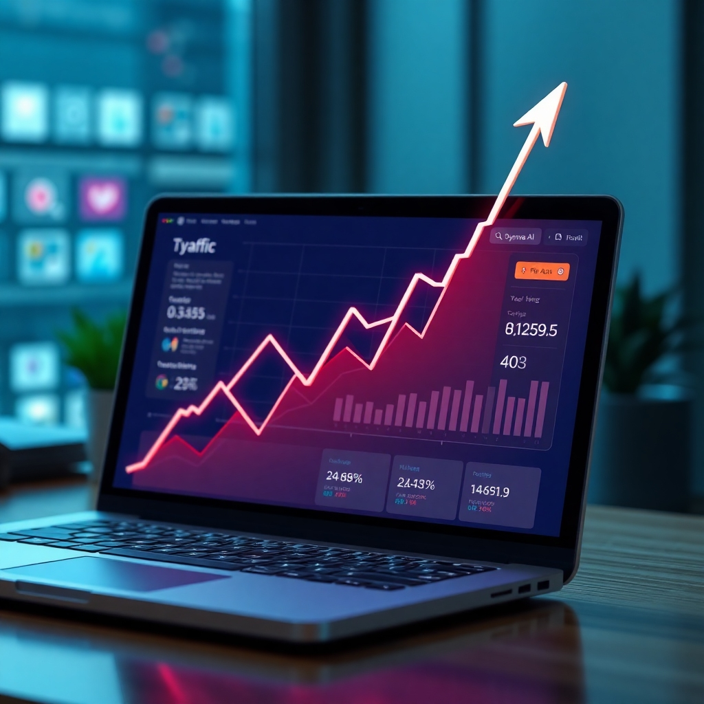 A photorealistic image depicting a graph sharply increasing upward, representing website traffic. In the foreground, a laptop screen displays the Dynova AI interface showing high click-through rates and traffic data. The background should subtly include social media notifications, emails and other visuals suggesting increased online activity.