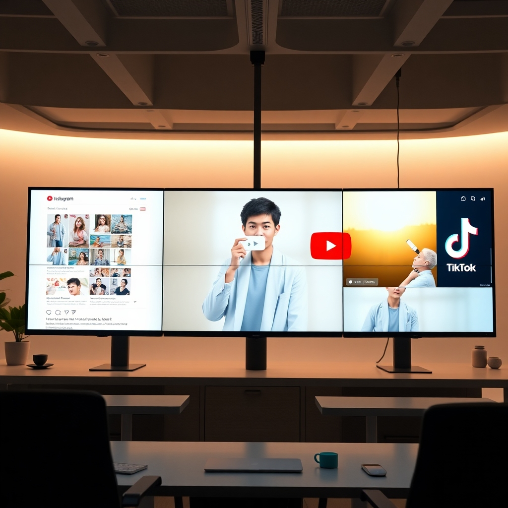 A photorealistic image depicting a split-screen showcasing different social media platforms: Instagram, YouTube, and TikTok, each displaying the same ultra-realistic AI influencer promoting a product.  The Instagram feed shows beautifully lit images and stories; the YouTube window features a high-quality video with captivating visuals and engaging editing; and the TikTok section highlights short, dynamic clips with trending sounds and effects.  The background should showcase a modern, interconnected digital workspace with clean lines and muted color tones; warm white lighting creating a pleasant atmosphere.  The camera angle is from a slightly elevated position overlooking the screens, providing a clear view of each platform.  The style should evoke a clean, professional, and highly-organized brand aesthetic in the style of a modern tech startup.  The image should be rendered in 8K resolution with ultra-detailed textures showcasing the crispness and quality of each platform's visuals. The overall mood is one of efficiency, seamless integration and modern professionalism.