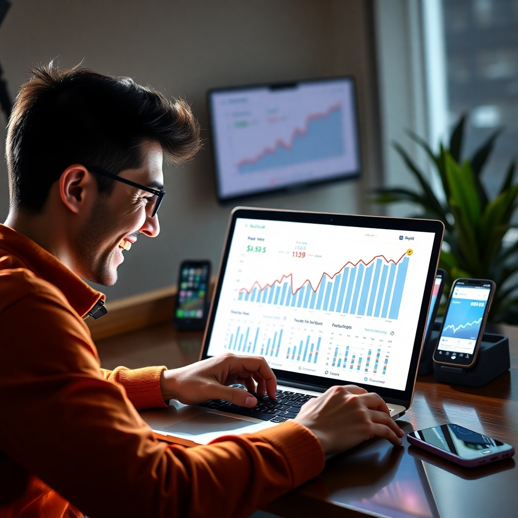 A photorealistic image depicting a person happily looking at their laptop screen, which displays various sales charts showing significant revenue growth. In the background, there are several smartphones displaying different apps they created. The image should convey success and financial freedom.