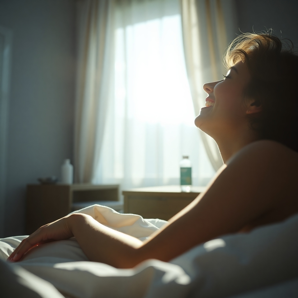 A photorealistic image depicting a person waking up feeling refreshed and happy, sunlight streaming into a bedroom.  The scene should feel peaceful and serene, emphasizing a sense of calm and well-being. Include a subtle bottle of Puravive in the background.