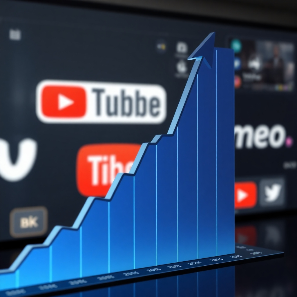 A photorealistic image depicting a graph sharply increasing, showcasing a massive surge in website traffic.  In the background, blurred images of YouTube and Vimeo logos are visible, implying the source of the traffic increase. The overall style should be clean and professional.