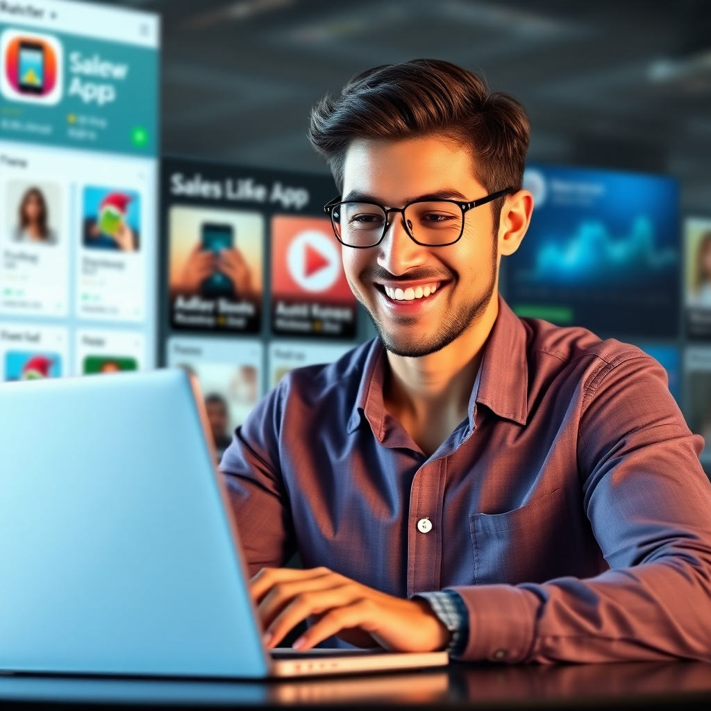 A photorealistic image depicting a happy entrepreneur reviewing sales data on a laptop, with graphs showing significant income growth.  In the background, blurred images of various app store listings showcasing their apps should be visible.  The overall style should portray success and financial freedom.