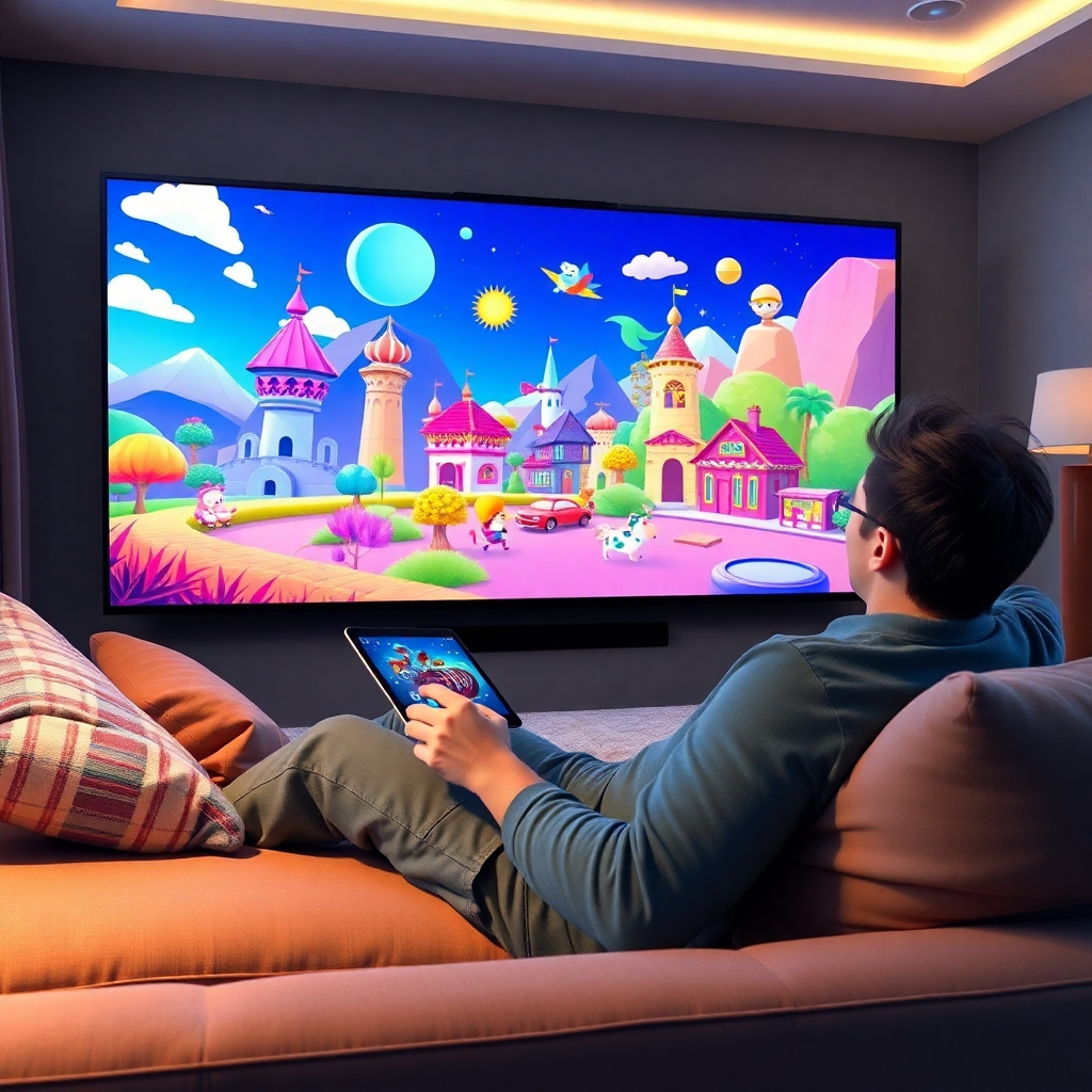 A photorealistic image depicting a person happily sitting on a comfortable couch, using a tablet, while various vibrant cartoon video scenes are being created and shown automatically on the large screen behind the person. The scene should emphasize the ease and speed of the process.