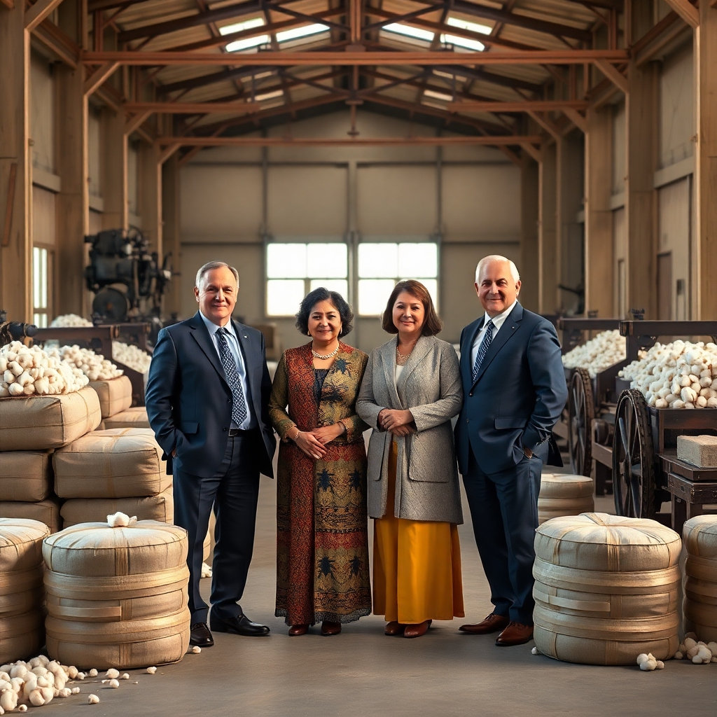 A photorealistic image depicting a family portrait of four generations of the Kotak family, dressed in elegant attire, posed amidst bales of high-quality cotton in a well-lit, spacious warehouse. The background should subtly showcase antique cotton-ginning machinery, highlighting the legacy. The overall mood should be warm and inviting, emphasizing family bonding and expertise.