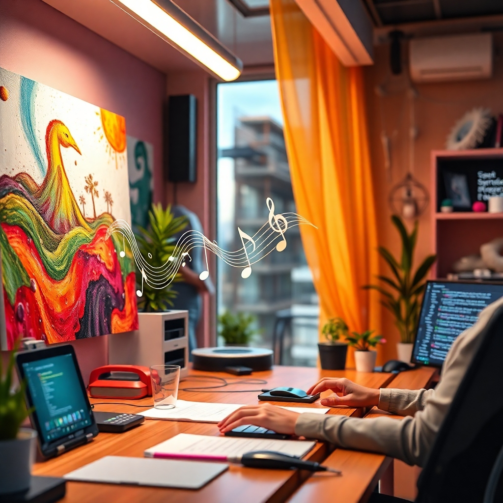 A photorealistic image depicting a vibrant and creative workspace where AI tools are being used to generate art, music, and written content. Show diverse creative outputs – a painting being generated on a digital canvas, musical notes flowing from a program, and text appearing on a screen. The scene should be bright, energetic, and visually appealing.