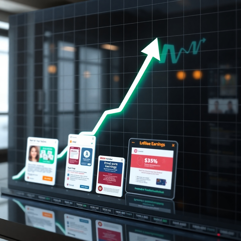 A photorealistic image depicting a graph showcasing a steady upward trend in earnings, overlaid with an image of several open email templates,  lead capture forms, and affiliate offer information on a digital display. The style should be clean and professional.