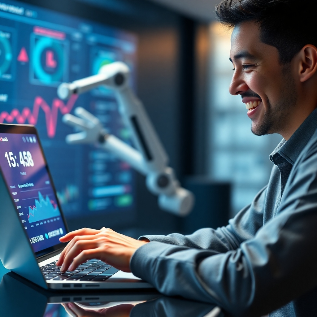 A photorealistic image depicting a person smiling and looking at their laptop screen, which shows a massive increase in website traffic numbers from Dynova AI. The background should include elements hinting at automation: perhaps robotic arms subtly interacting with the system or a futuristic dashboard with data flowing seamlessly.