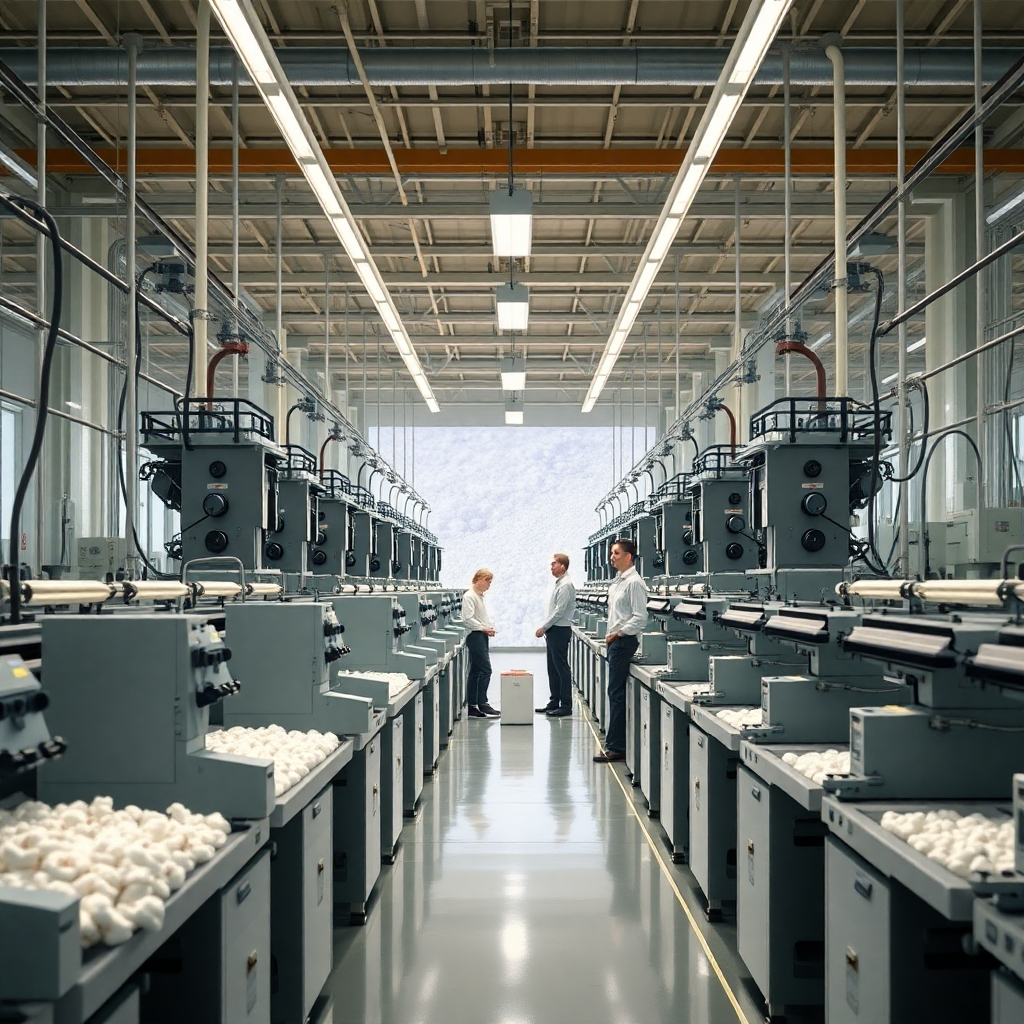 A photorealistic image depicting a modern, high-tech cotton ginning facility. The image should showcase advanced machinery, clean workspaces, and employees in professional attire working efficiently. The background should include subtle imagery showcasing the finished textiles, and the overall style should be bright, modern, and convey a sense of technological advancement and quality.