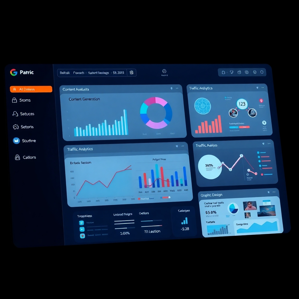 A photorealistic image depicting a sleek, intuitive dashboard interface with various AI-powered tools clearly visible.  Sections showing AI content generation, traffic analytics, and graphic design tools should be prominent. The overall aesthetic should be modern, clean, and easy to understand. The image should evoke a sense of effortless automation and efficiency.
