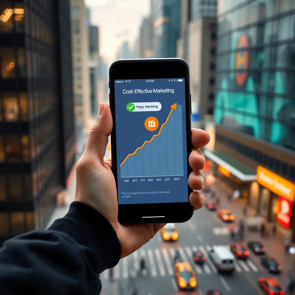 A photorealistic image depicting a hand holding a smartphone displaying a  graph with a steep upward trend.  The graph should be labeled with the title 'Cost-Effective Marketing' and the phone screen should show a notification of a penny with a green check mark.  The background should be a vibrant cityscape with office buildings and busy streets.
