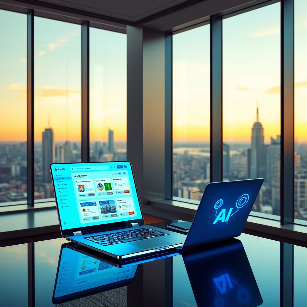 A photorealistic image in 8K resolution, hyperrealistic style. The scene is a modern, sleek office with large windows showcasing a bustling city skyline. A person, dressed in smart casual attire, is sitting at a desk with a futuristic, glowing laptop. The laptop screen displays a dashboard with various AI apps like website builder, funnel builder, and chatbot interface.  The room is filled with soft, warm lighting, creating a sense of innovation and productivity. The color palette should be vibrant and energetic, with shades of blue, green, and white. The image should capture the essence of AI DADDY's user-friendly interface and the power of its diverse AI tools., ultra high resolution, photorealistic, 8K, hyperdetailed, cinematic lighting