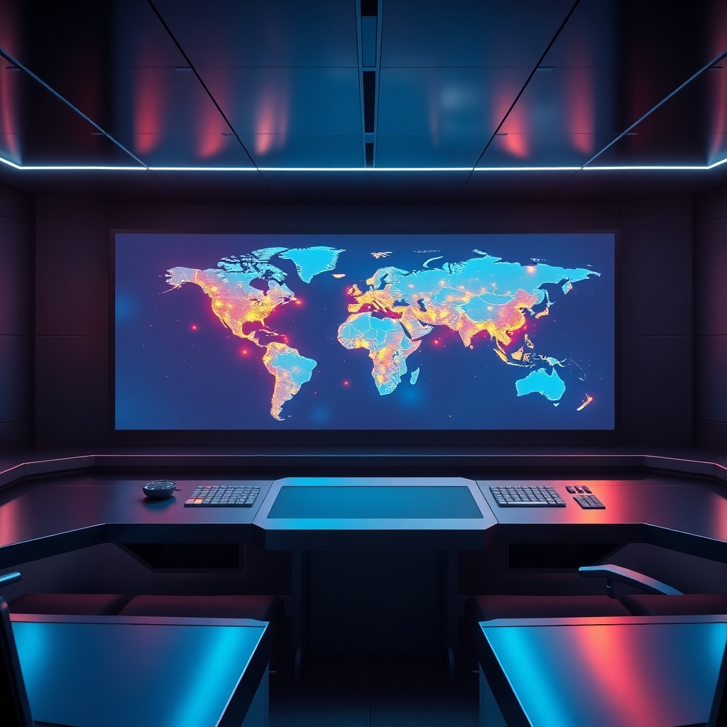 A photorealistic image in 8K resolution, hyperrealistic detail, depicting a world map projected onto a large screen in a modern, high-tech control room. Data points represented by vibrant, pulsating nodes of light illustrate real-time website traffic originating from various global locations. The color palette is a mix of deep blues, representing global reach, and bright oranges and yellows, signifying activity and engagement.  Dramatic side lighting enhances the sense of dynamism and high tech.  The room is futuristic and minimal with polished metallic surfaces and sleek, modern consoles. Textures of the screens, control panels, and metallic surfaces should be highly detailed.  The camera angle is positioned to show both the world map and some control panels to emphasize the powerful AI functionality. The overall mood should be modern, sophisticated, and highly technological.  Style reference: Syd Mead's futuristic designs.  Environmental elements: a high-tech control room.  The image should convey a sense of advanced technology, global reach, and automated traffic optimization.