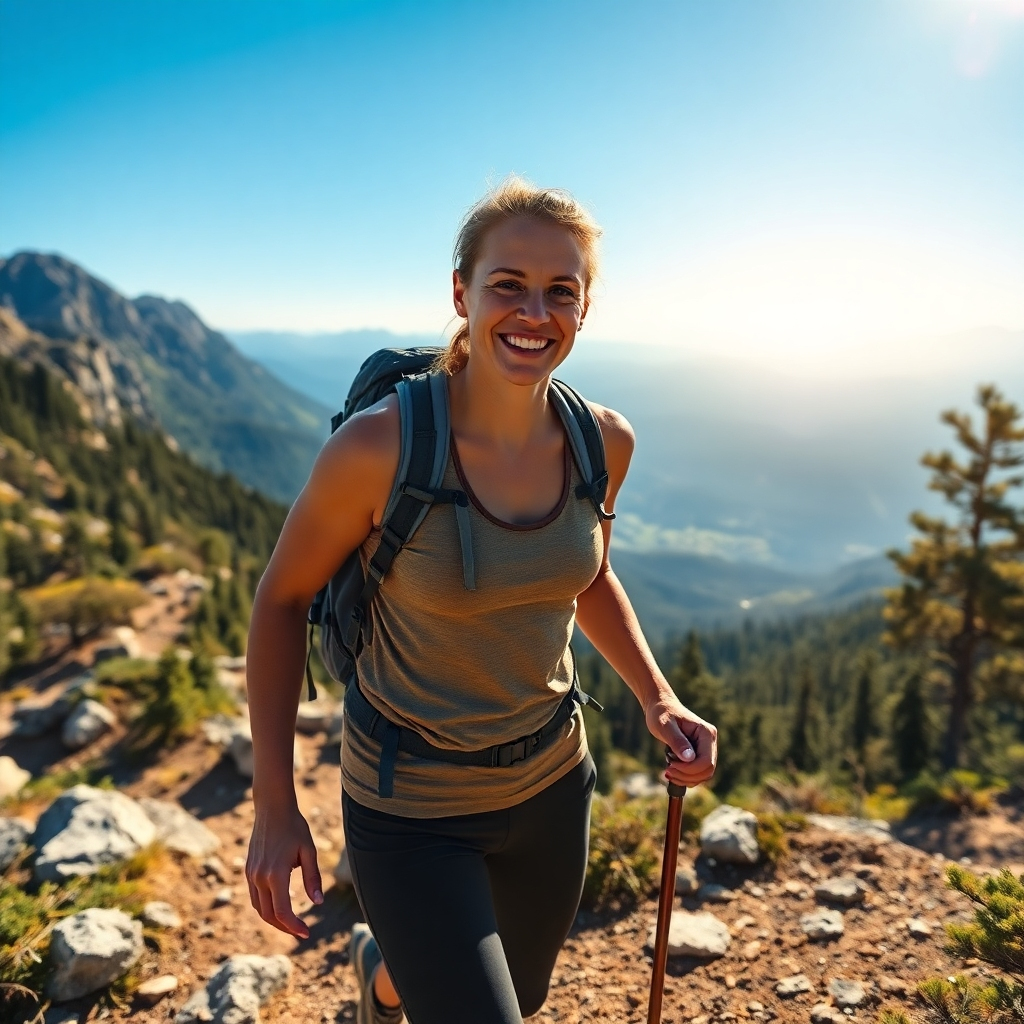A photorealistic image in the style of a National Geographic photo depicting a person living a healthy lifestyle after using Puravive. Show a person, happy, confident, and fit, hiking a mountain trail with a stunning view in the background.  The setting should be sunny and bright, with a vibrant color palette of blues, greens, and yellows. The person is dressed in comfortable workout attire. The lighting should be natural, with soft shadows creating depth and realism. The camera angle is a medium shot, capturing the person's full body and the scenic background.  The overall mood is positive and inspiring, emphasizing the energy and well-being Puravive provides. Focus on sharp details, showing textures of skin, clothing, rocks, and foliage. The image should be ultra-detailed and have an 8K resolution, conveying the feeling of adventure and accomplishment. High contrast, realistic colors. The scene includes elements of active lifestyle and wellness - showing a healthy, balanced lifestyle.