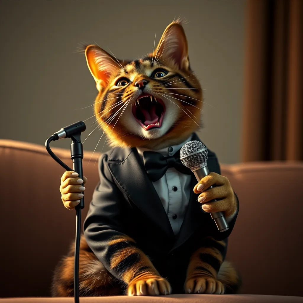A photorealistic image of a cat wearing a tuxedo, sitting on a couch and singing karaoke.  The image should capture the absurdity and fun of transforming an animal photo into a singing character, emphasizing the playful possibilities of Talking PHOTOS AI.