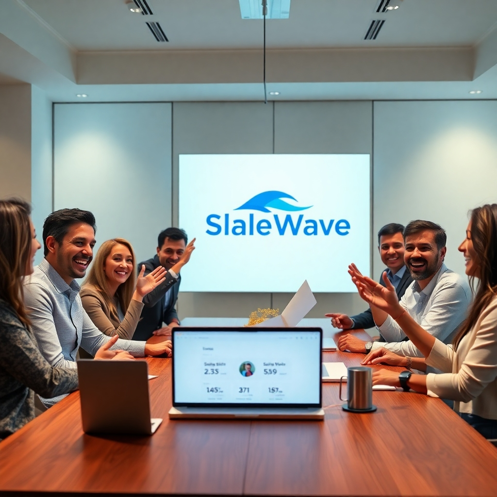 A photorealistic image of a celebratory business meeting. People are happily celebrating around a table, with a laptop displaying a sharp increase in sales figures generated by SalesWave.  The room should be stylish and modern with subtle branding of the SalesWave logo in the background. The overall vibe should convey success, collaboration, and financial growth.