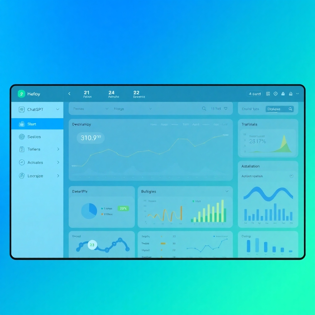  A photorealistic image of a clean, modern, and intuitive dashboard displaying various AI tool icons (ChatGPT, DALL-E, etc.) with graphs and data visualizations, showcasing seamless integration and ease of use. The background should be a subtle gradient of blues and greens. The overall aesthetic should be sleek and professional.