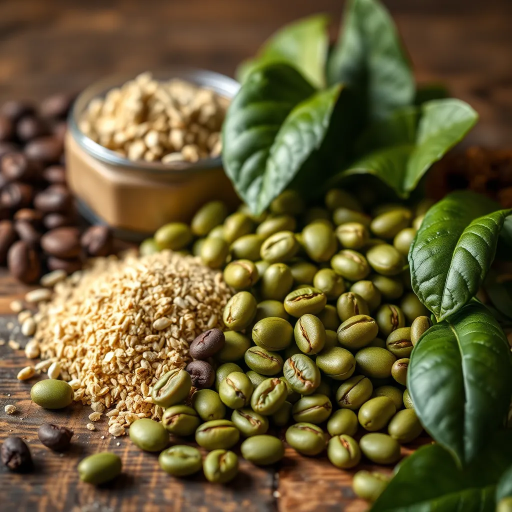 A photorealistic image of a close-up of JavaBurn coffee ingredients, including green coffee beans, L-theanine, and other natural elements, arranged on a wooden table. The image should focus on the natural and wholesome aspects of the ingredients.