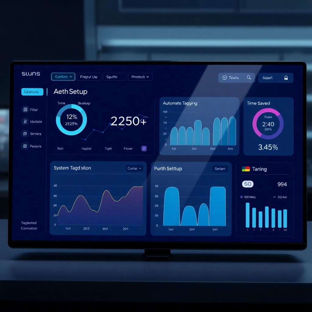  A photorealistic image of a clean, modern dashboard interface displaying automated tagging and system setup processes. Show graphs illustrating increased efficiency and time saved. The overall aesthetic should be sleek and technologically advanced, conveying ease of use and automation.