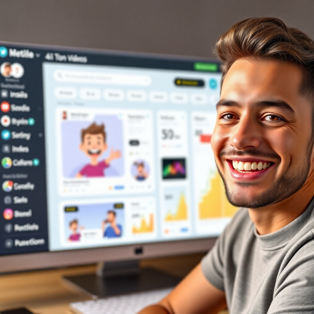 A photorealistic image of a content creator smiling confidently as various social media platforms display their animated videos featuring their AI toon character, highlighting increased engagement and brand visibility; the background is a stylized representation of a successful social media dashboard, showing impressive metrics.