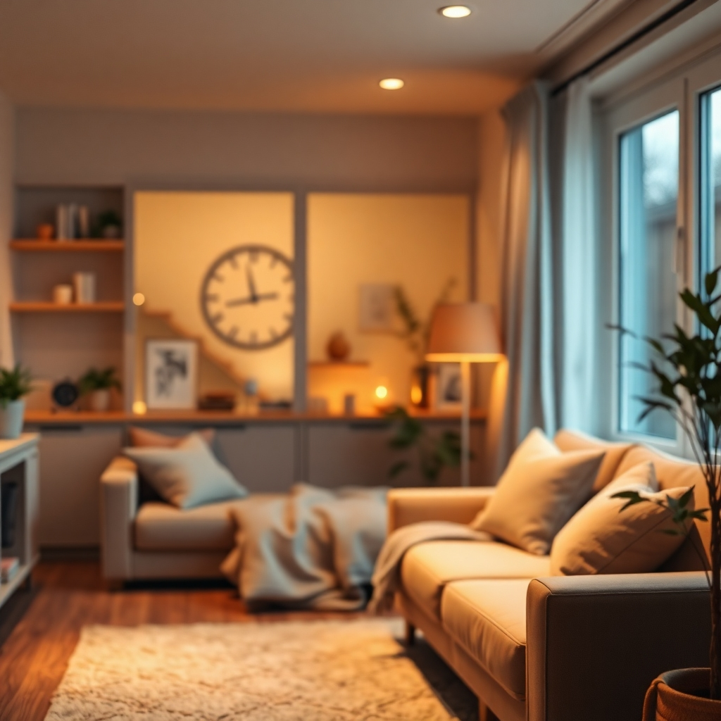 A photorealistic image of a cozy, modern home interior with soft lighting. A small, unobtrusive device is subtly shown in the background, possibly near a wall outlet. The overall scene should convey warmth, comfort, and the feeling of energy security and self-sufficiency.  The lighting should be warm and inviting.