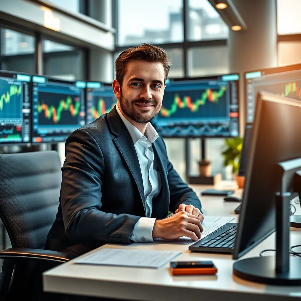 A photorealistic image of a confident trader sitting at a sleek, modern desk with multiple monitors displaying financial charts. The trader is wearing a professional suit and has a focused expression. The background is a modern office with natural light streaming through large windows. The image should have a sense of professionalism and sophistication, highlighting the advanced technology and data analysis involved in trading. The color palette should be a mix of cool blues and grays with accents of warm golds and reds. The image should be in 8K resolution with ultra-detailed textures and lighting.
