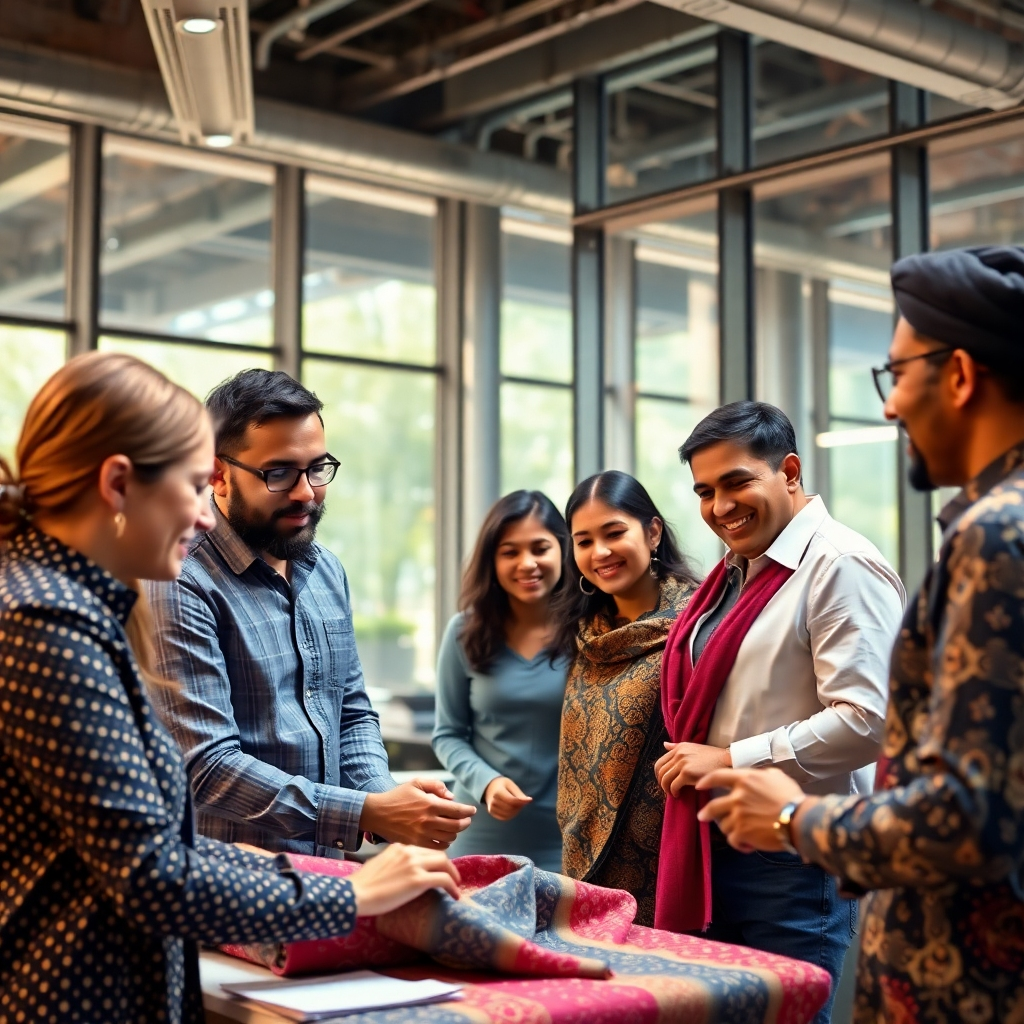 A photorealistic image of a diverse group of people—representing clients, business partners, and Kotak employees—collaboratively working on a project related to textiles. The setting should be a modern, well-lit office space with large windows, giving a feeling of openness and collaboration.  The image should emphasize positive body language and engagement among the people.