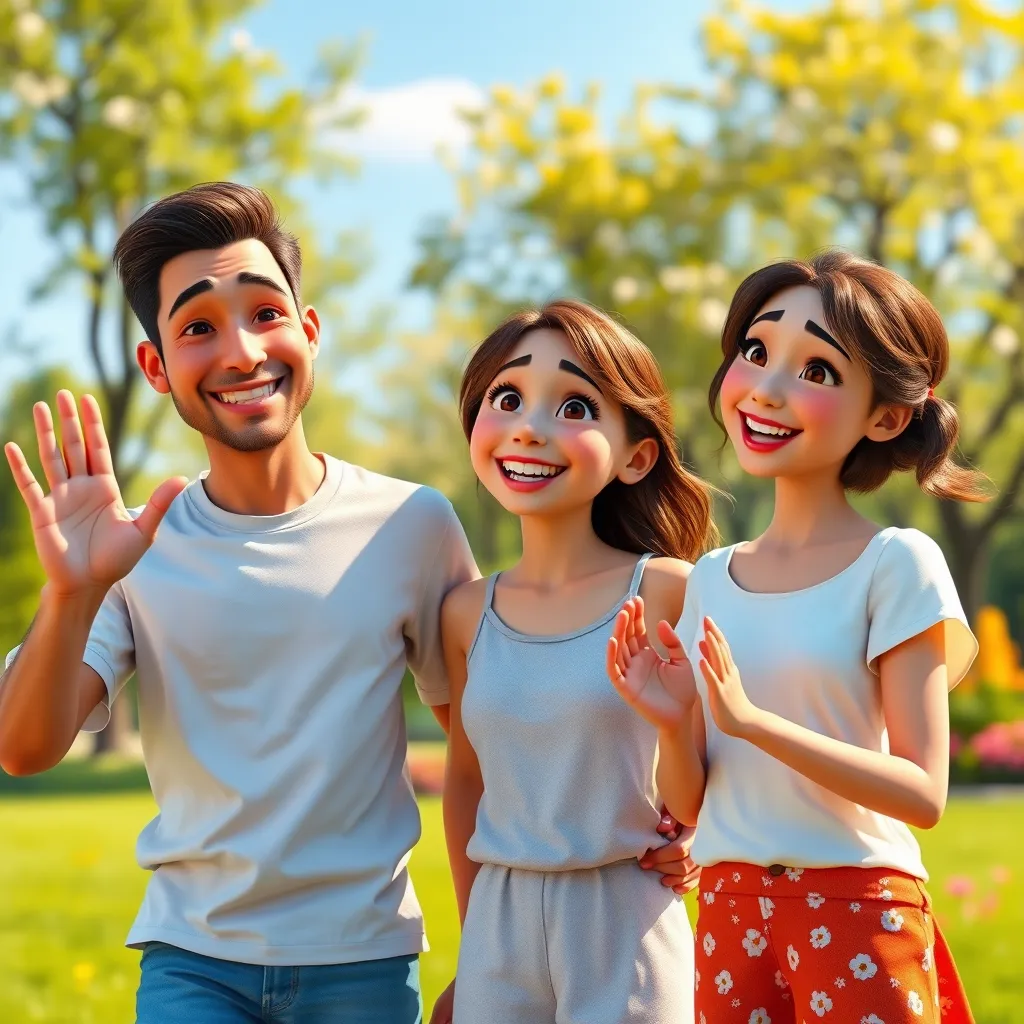 A photorealistic image of a family photo with a smiling father, mother, and their young daughter transformed into an animated video. The family is dressed in casual summer clothes.  The father is waving his hand and talking, the mother is smiling and nodding her head, and the daughter is giggling and clapping her hands. The background is a vibrant, sunny park with green grass, blooming flowers, and a blue sky.  The image should be in 8K resolution with hyperrealistic details, soft diffused lighting, and a warm color palette. Capture a sense of joy and wonder as the family comes to life, with expressive facial animations and natural body movements.  The style should resemble the realism and vibrant colors of a Pixar film.