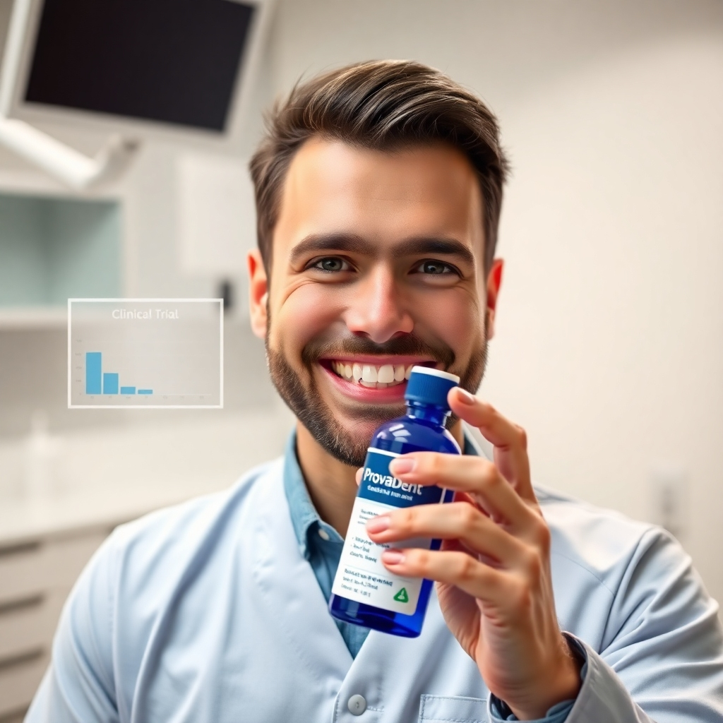 A photorealistic image of a friendly, approachable dentist smiling warmly at the camera while holding a bottle of ProvaDent.  The background should be a modern, clean dental office.  In a corner, a small graphic displaying clinical trial data should be subtly visible, adding credibility. The lighting should be bright and cheerful.