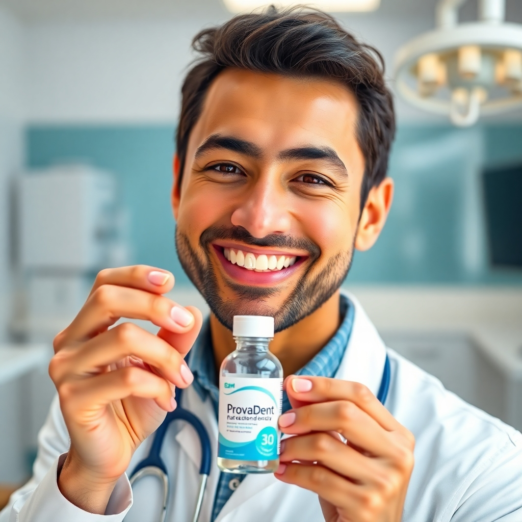 A photorealistic image of a friendly dentist smiling warmly at the camera, holding a bottle of ProvaDent. The background should be a modern, clean dental office. The dentist should look approachable and trustworthy; the ProvaDent bottle should be clearly visible and attractively designed.