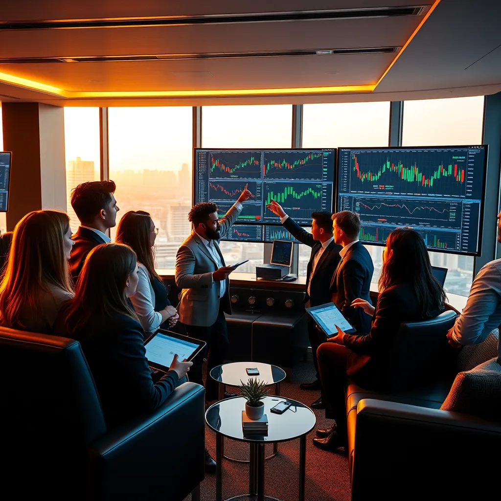 A photorealistic image of a group of diverse traders, dressed professionally, gathered around a large monitor displaying intricate charts and data. The room is modern, with sleek black furniture, warm lighting, and a panoramic city view. The traders are engaged in animated discussion, pointing at the monitor and using tablets, reflecting intense focus and collaborative learning. The atmosphere is vibrant and energetic, showcasing the dynamic and exciting nature of intraday trading. Render in 8K resolution, with hyperrealistic details, emphasizing the textures of the monitor, fabrics, and furniture.  The lighting should be soft and diffused, creating a warm and inviting ambiance.
