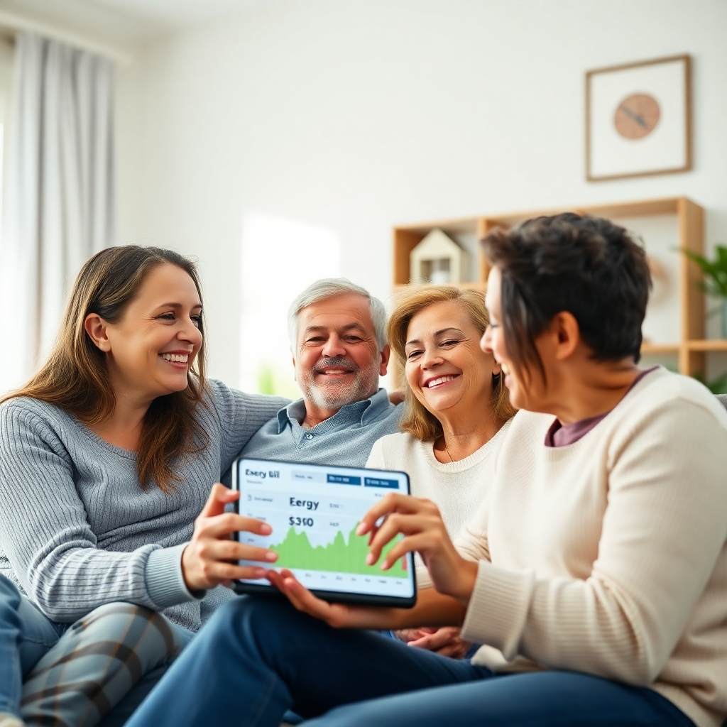 A photorealistic image of a happy family relaxing at home. The scene should include a clear visual representation of a dramatically reduced energy bill, perhaps displayed on a tablet or smartphone screen, with the contrast shown between a high previous bill and a very low current bill. The family should look relaxed, content, and financially secure.