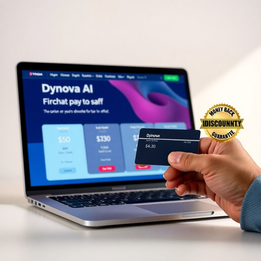 A photorealistic image of a hand holding a credit card next to a laptop displaying Dynova AI's pricing page, with a prominent display of the significant discount being offered. The background should be clean and minimalist, conveying trustworthiness and reliability. A small icon subtly depicting a money-back guarantee should also be present.